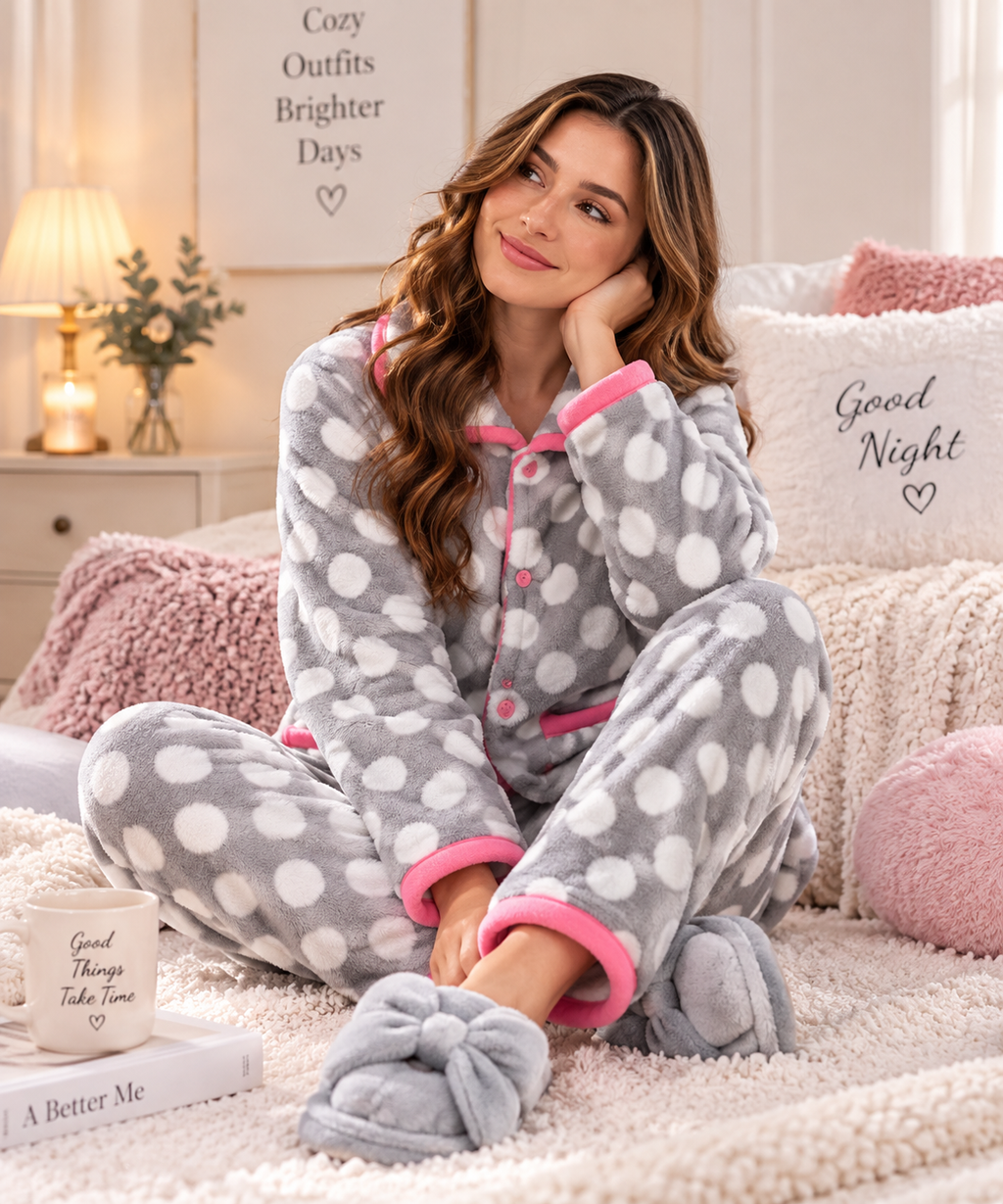 A woman sits cross-legged on a fluffy cream rug wearing a cozy gray fleece pajama set with white polka dots and bright pink trim. The room is warmly lit with a bedside lamp, pillows, and decorative books in the background.