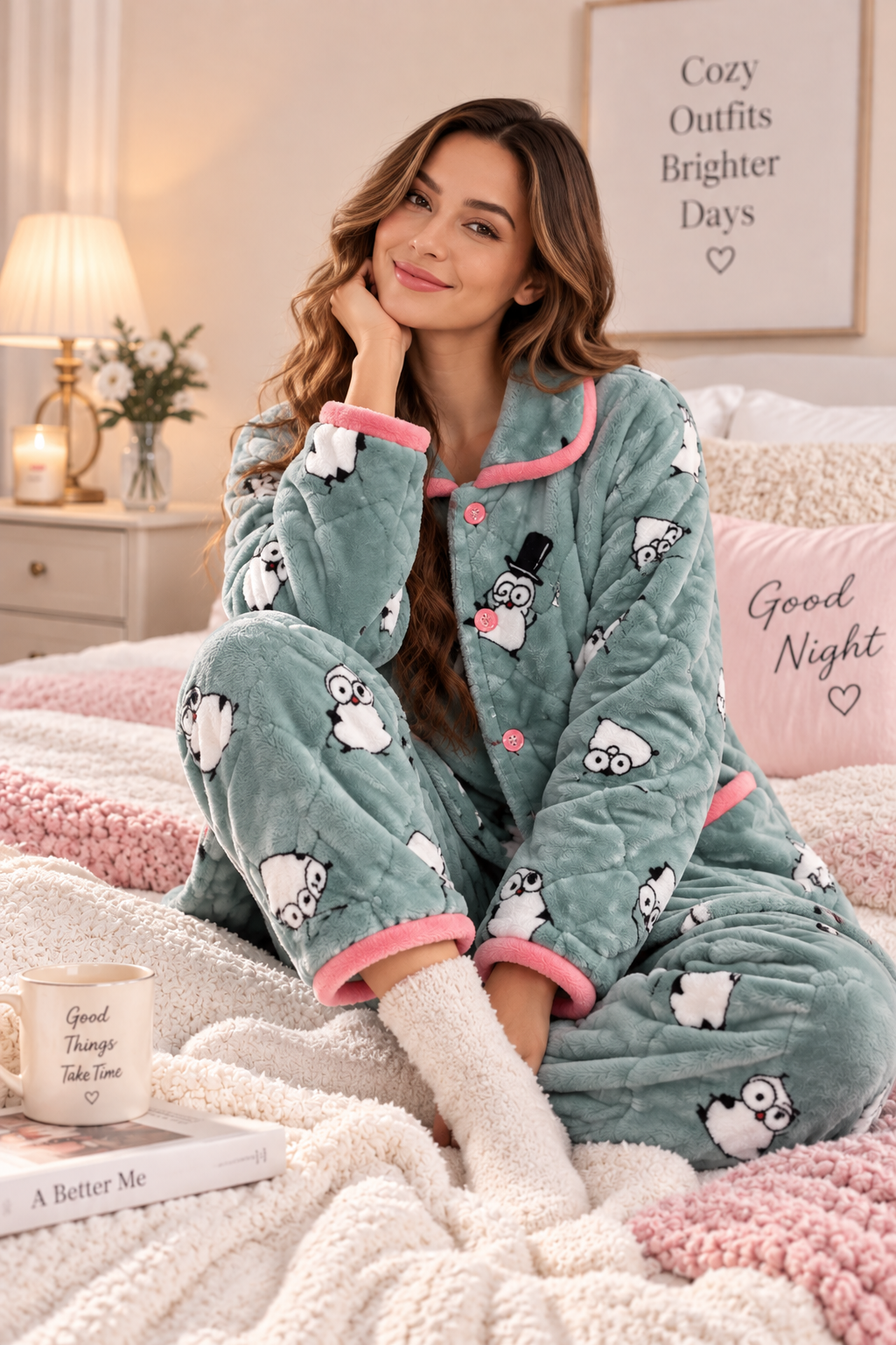 A woman sits on a bed wearing a cozy matching pajama set with a teal-green base, pink trim, and a white cartoon penguin print. The room is warmly lit with a lamp, framed wall art, and a pink pillow that reads 'Good Night'.