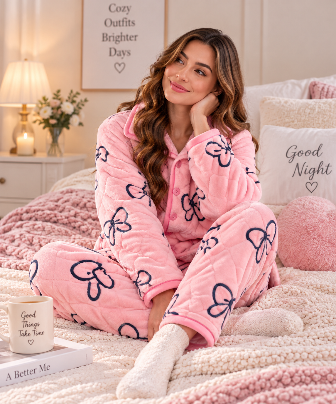 A woman sits on a cozy bed wearing a pink plush pajama set with dark blue bow patterns. The room has warm lighting, a lamp, and decorative pillows, creating a cozy bedroom setting.