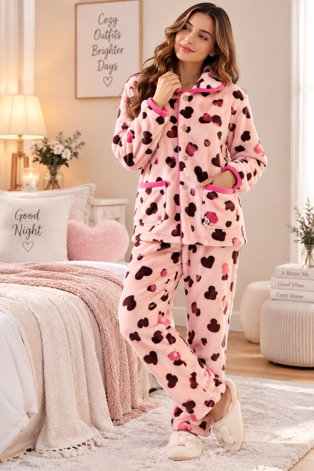 A woman modeling a pink fleece pajama set with a dark red and black heart pattern in a cozy bedroom setting.