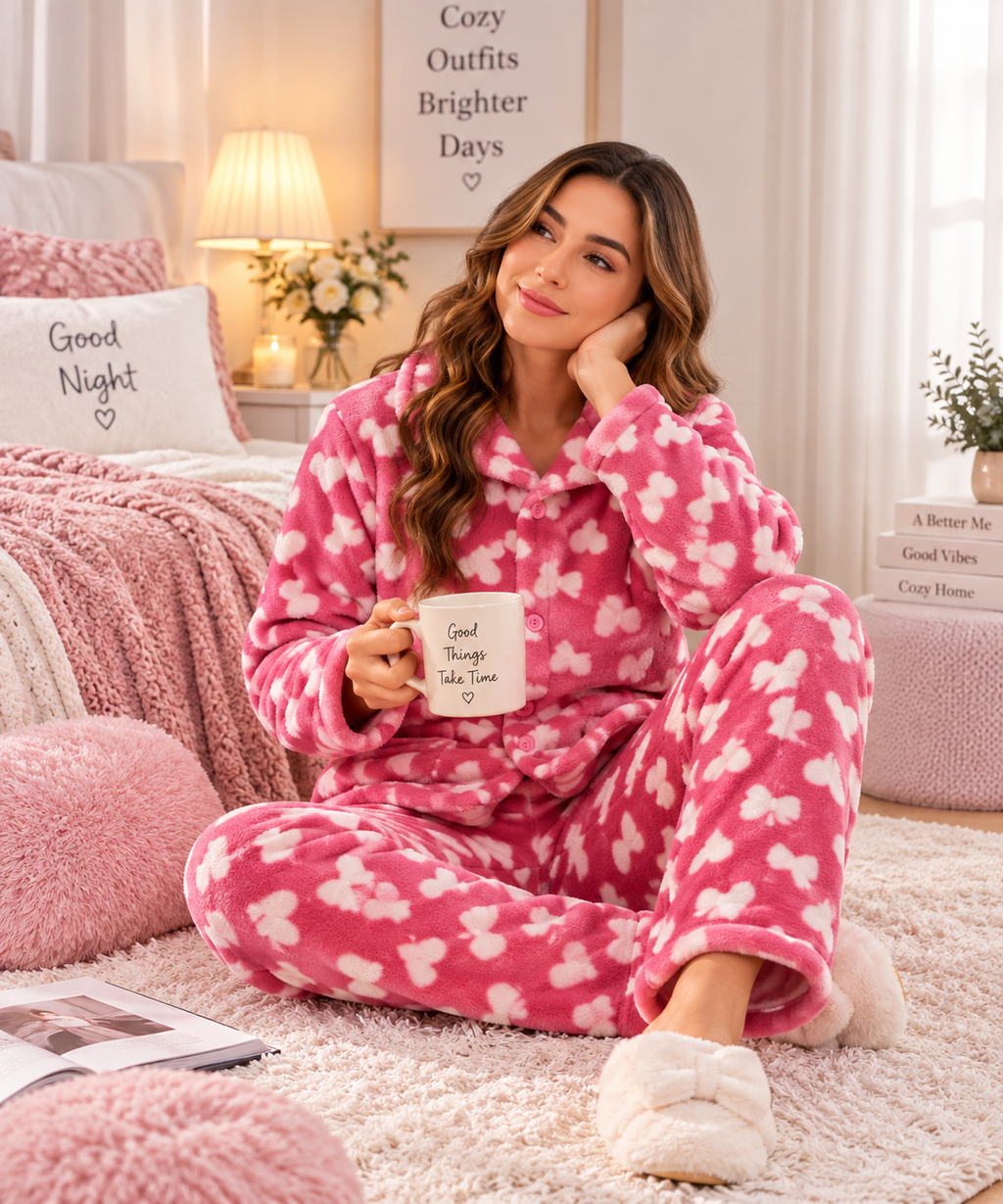 A woman sits on a fluffy cream rug in a cozy bedroom setting, wearing a pink and white patterned fleece pajama set and holding a white mug that reads 'Good Things Take Time'.