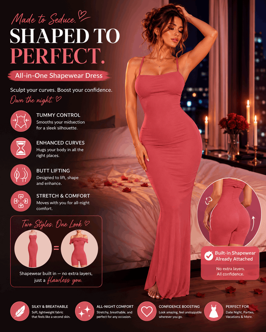 Pink all-in-one shapewear dress for curves, comfort & confidence — perfect for date night, parties, vacations