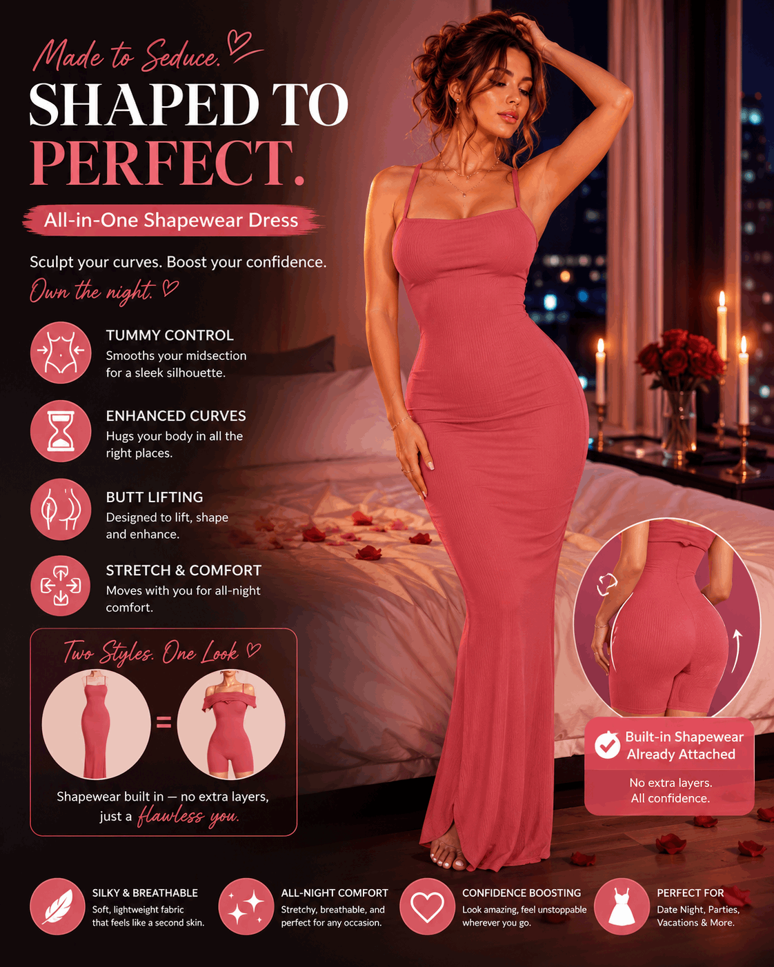 Pink all-in-one shapewear dress for curves, comfort & confidence — perfect for date night, parties, vacations