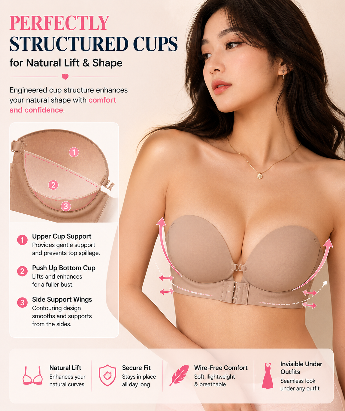 Beige strapless bra with structured cups for natural lift, wire-free comfort, and seamless fit under outfits