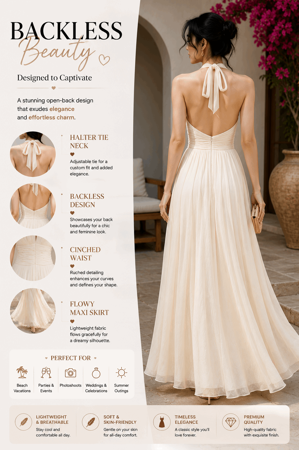 Off-White Halter Maxi Dress for Women – Elegant Sleeveless Backless Summer Dress