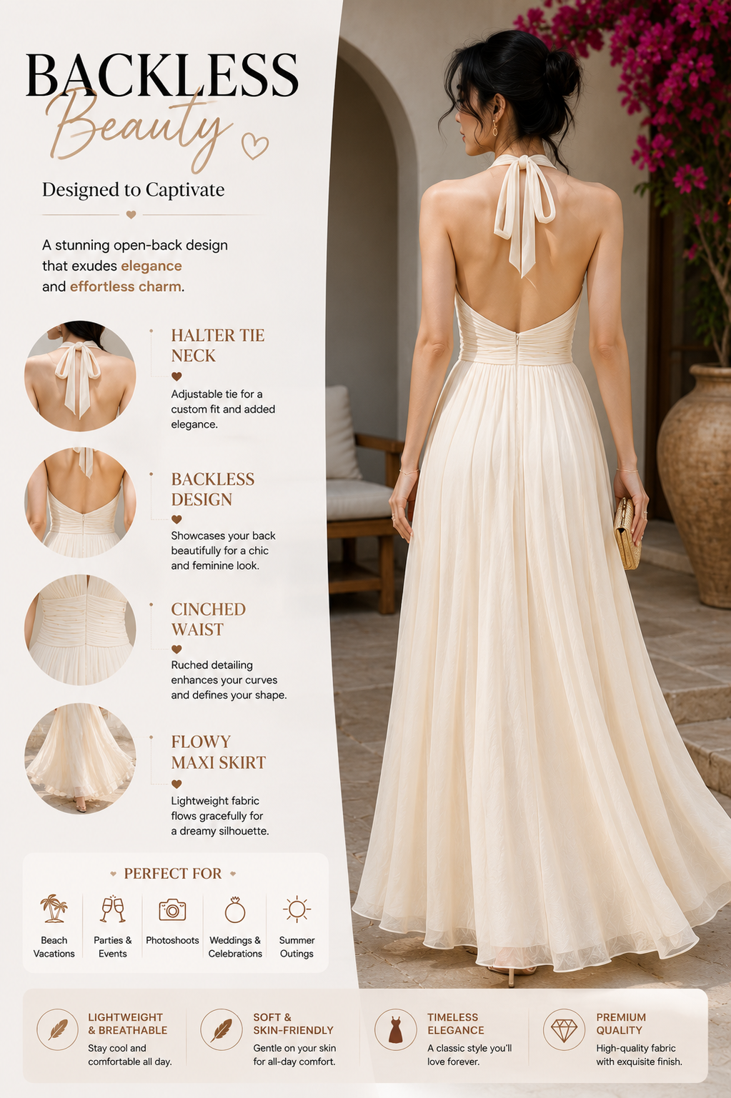Off-White Halter Maxi Dress for Women – Elegant Sleeveless Backless Summer Dress