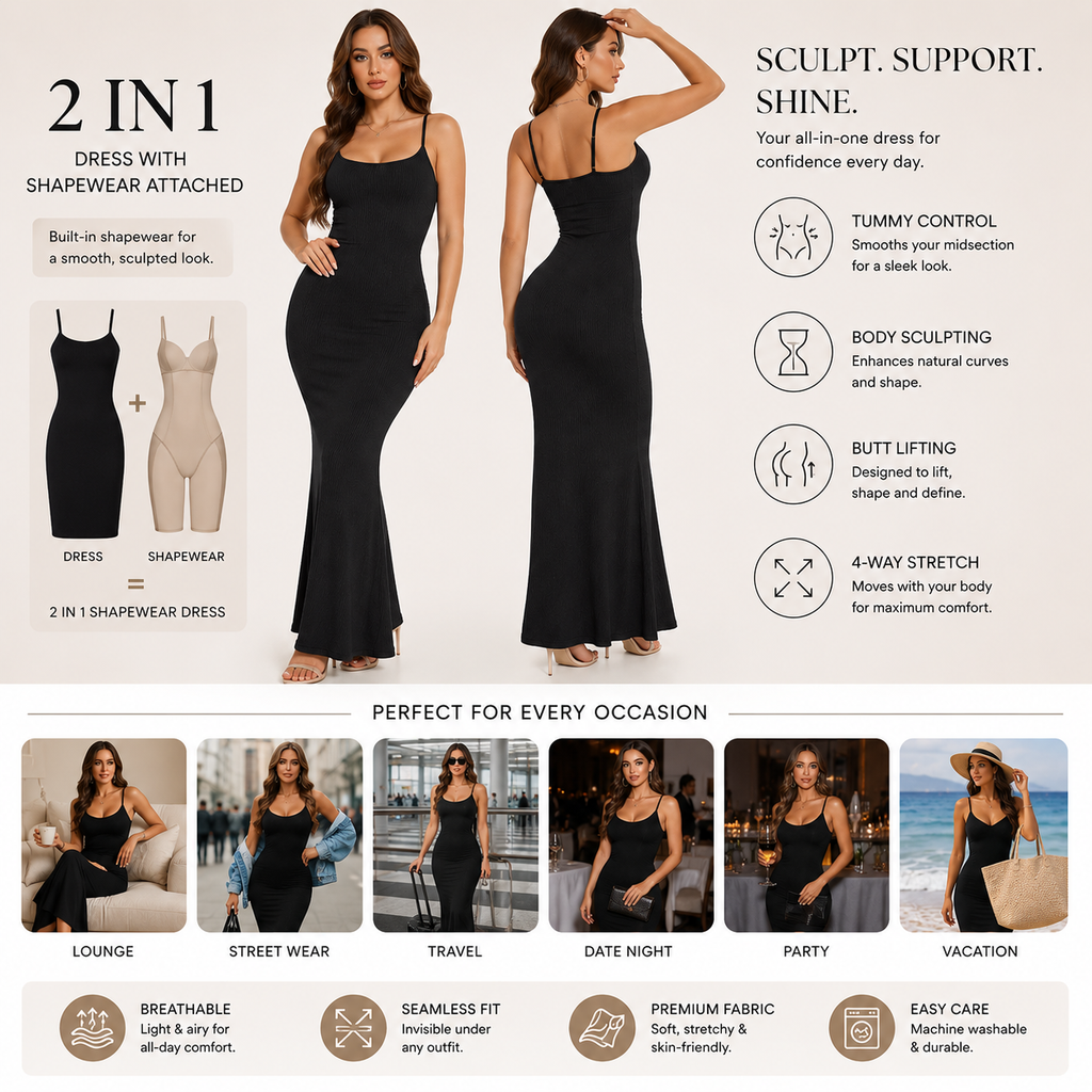 Built-In Shapewear Maxi Dress for Women | Tummy Control Bodycon Dress