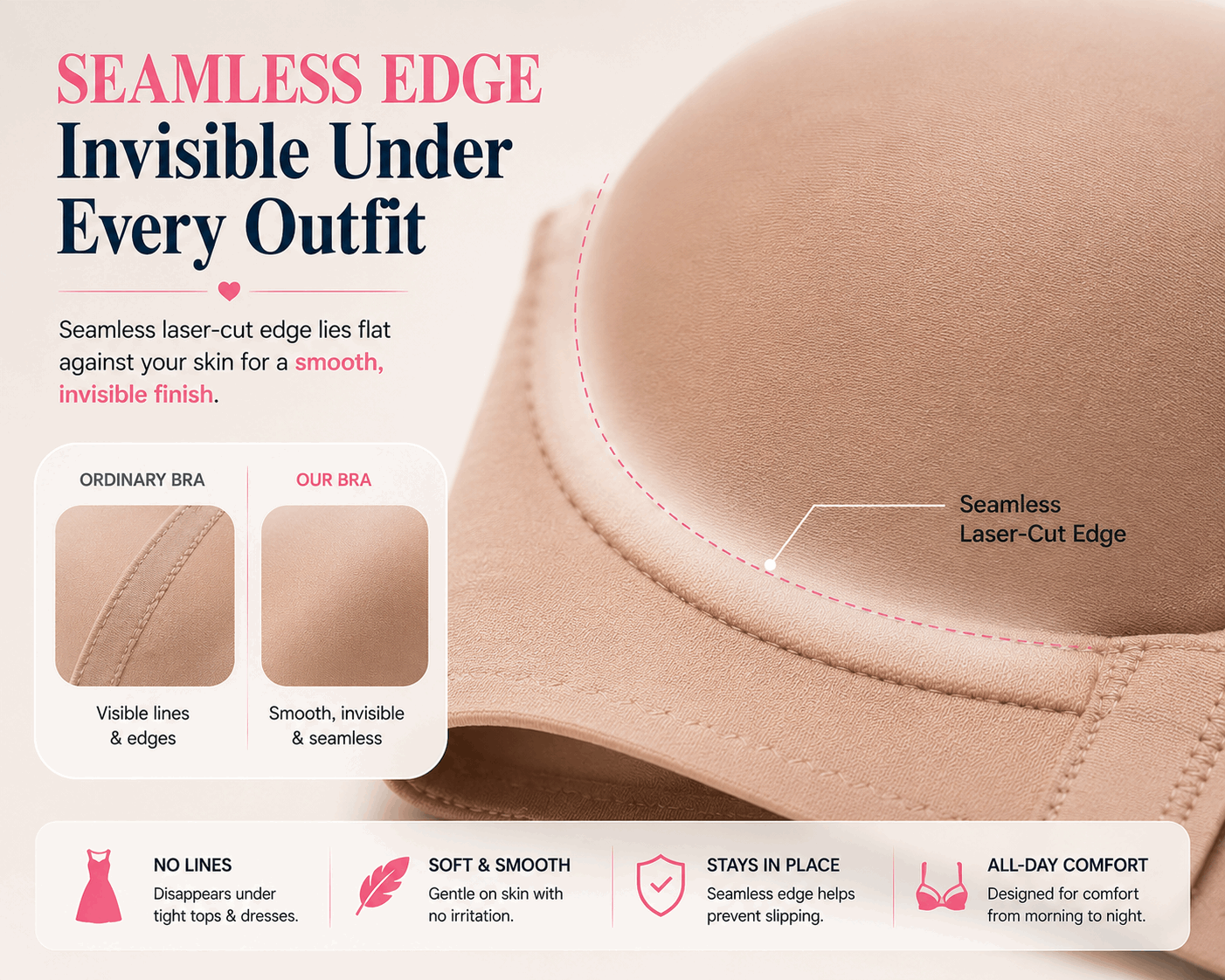 Seamless laser-cut edge bra for invisible, smooth wear under outfits — soft, stays in place, all-day comfort