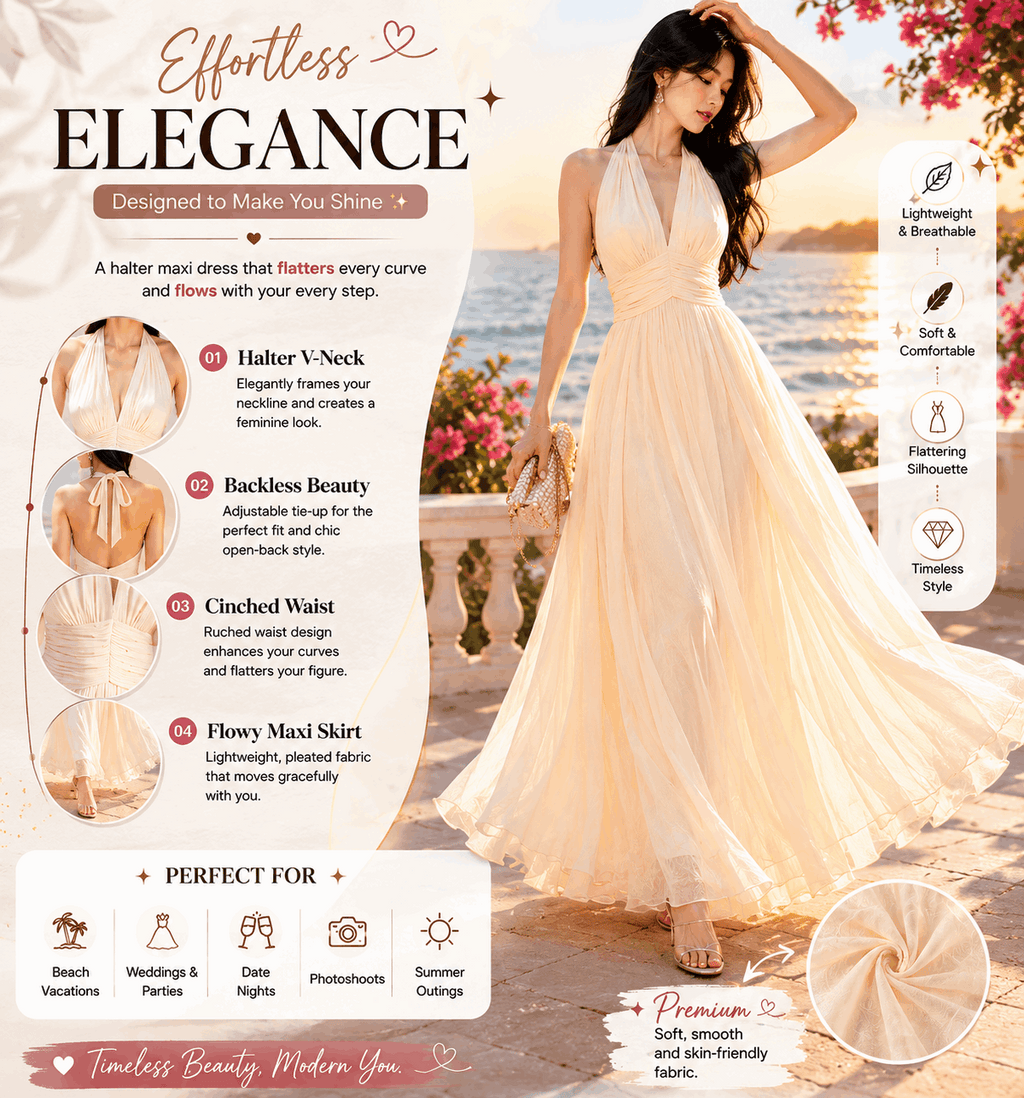 Off-White Halter Maxi Dress for Women – Elegant Sleeveless Backless Summer Dress