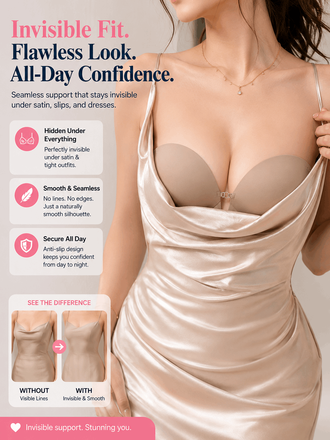Invisible bra for seamless support under satin dresses, smooth silhouette, all-day confidence