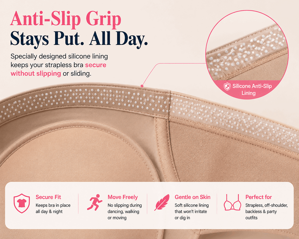 Strapless bra with silicone anti-slip grip for secure all-day wear, gentle on skin, perfect for off-shoulder outfits