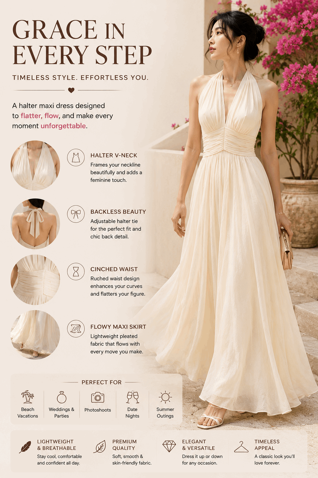 Off-White Halter Maxi Dress for Women – Elegant Sleeveless Backless Summer Dress