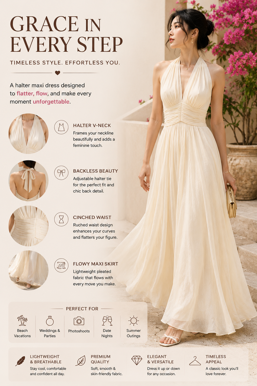 Off-White Halter Maxi Dress for Women – Elegant Sleeveless Backless Summer Dress