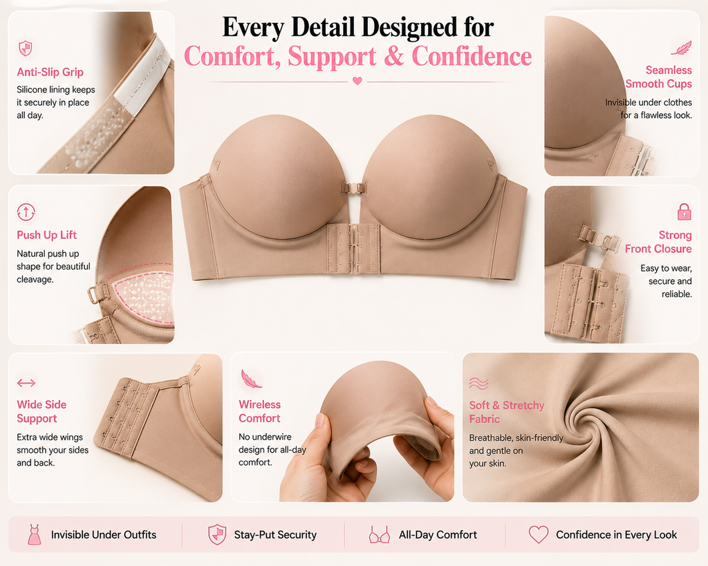 Wireless bra with seamless cups, anti-slip grip, and front closure for all-day comfort and support