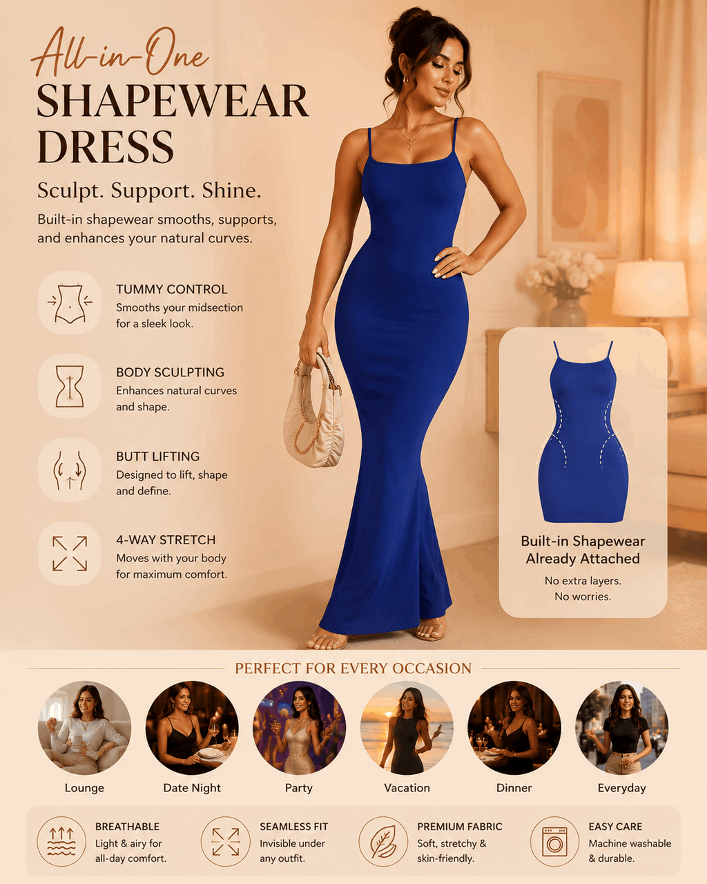 Blue shapewear dress with tummy control and butt lifting for elegant everyday wear