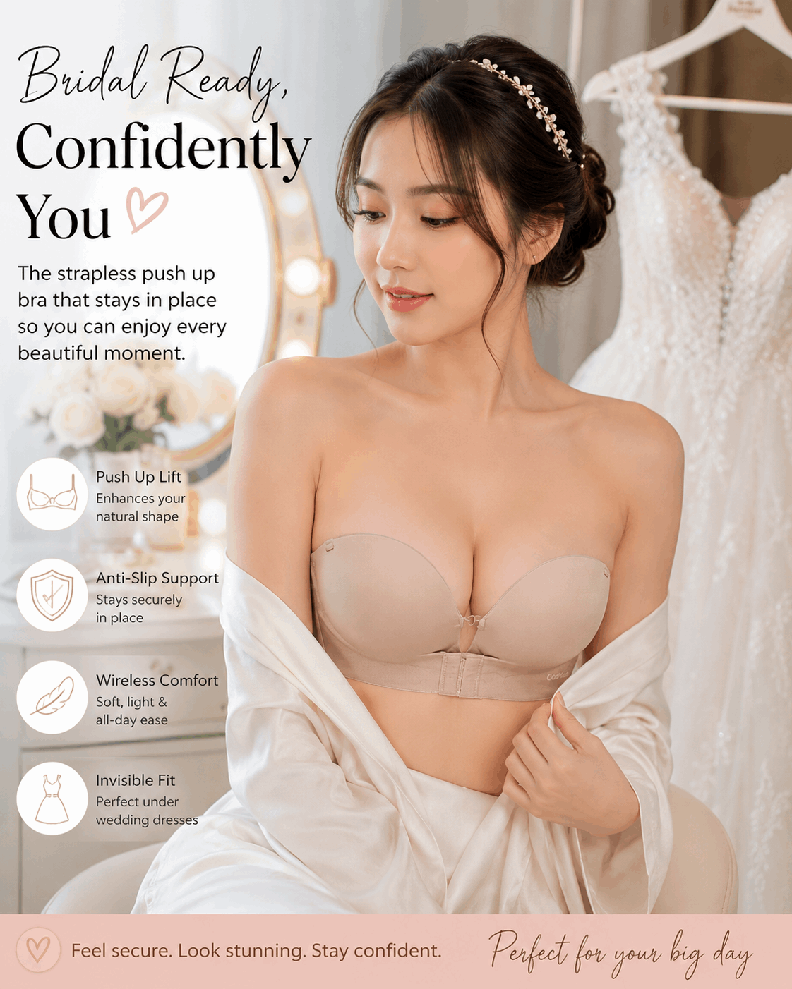 Bridal strapless push-up bra with anti-slip support, perfect under wedding dresses for confident, comfortable wear.
