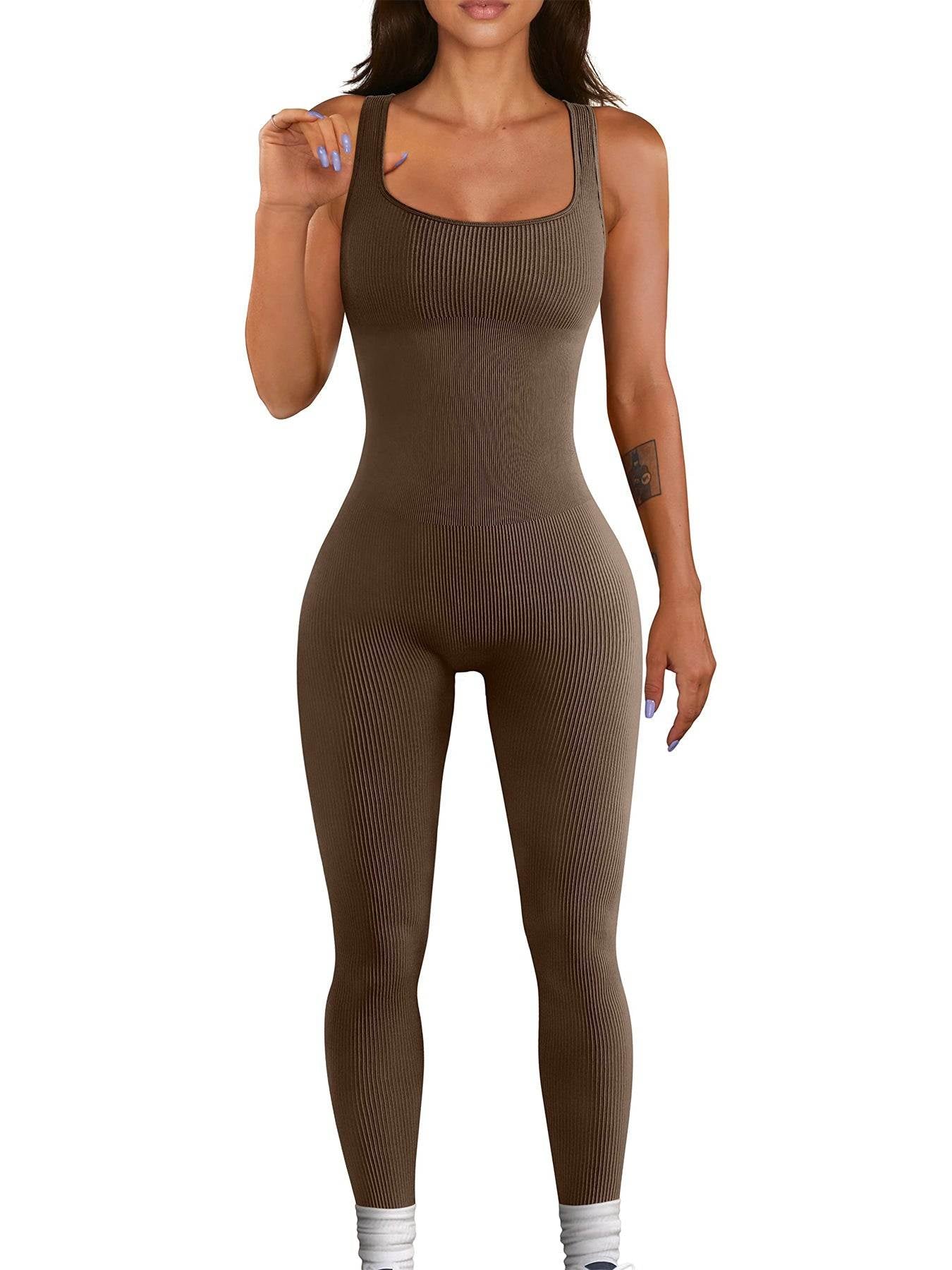 Brown ribbed shapewear bodysuit for women, seamless full-body contouring with square neckline and thin straps