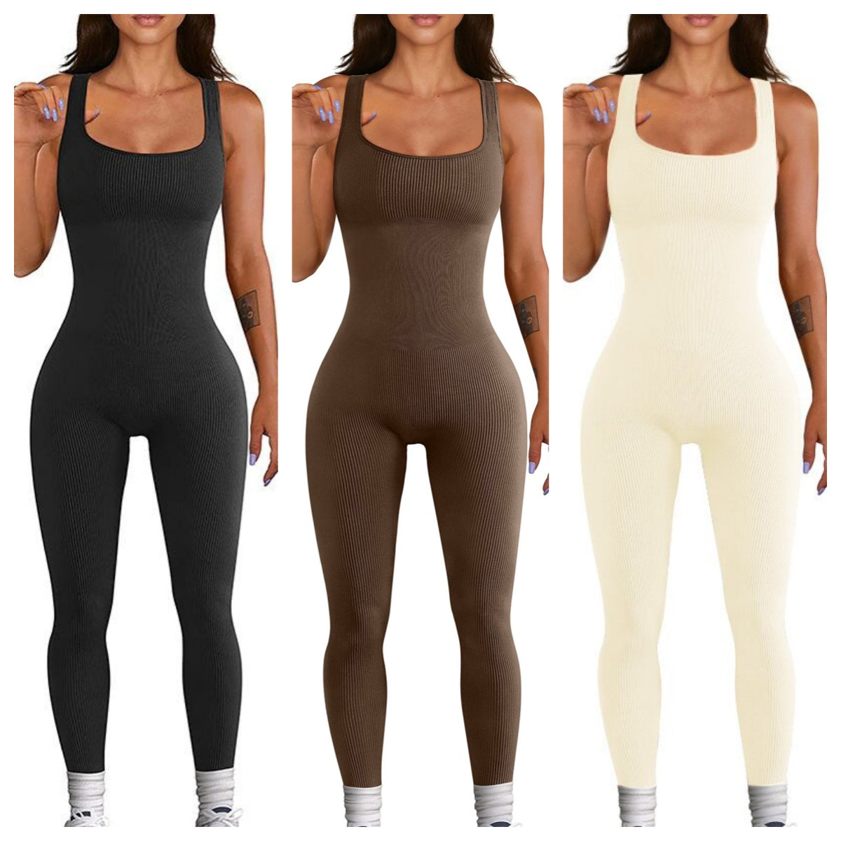 Women’s ribbed shapewear bodysuits in black, brown, and cream for comfort and everyday elegance