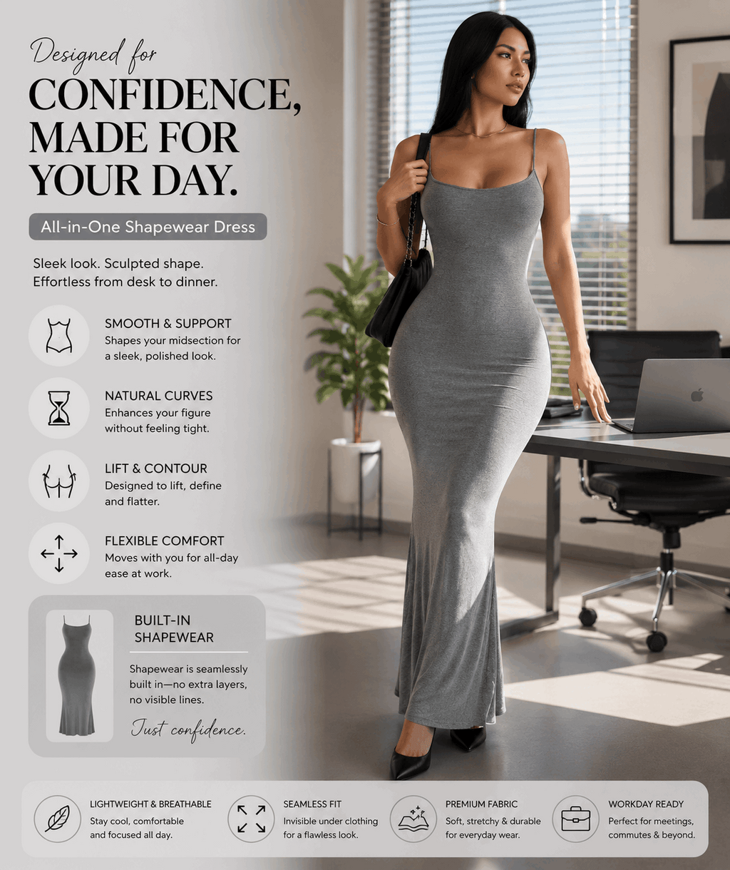 Gray all-in-one shapewear dress for confidence, sleek fit, office ready with built-in shaping