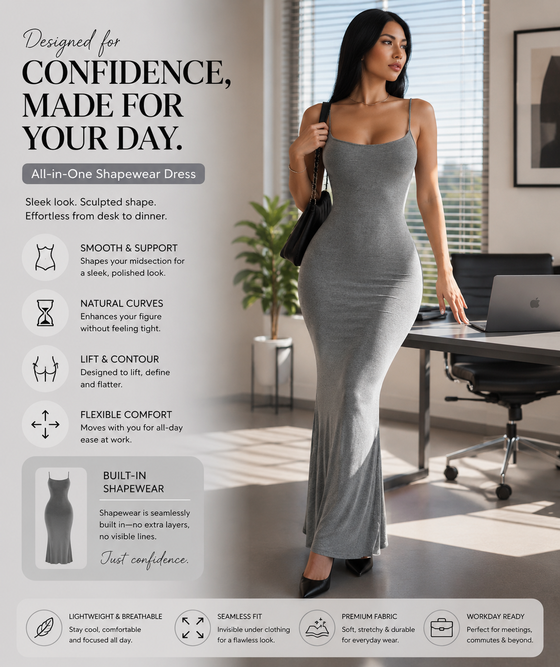 Built-In Shapewear Maxi Dress for Women | Tummy Control Bodycon Dress