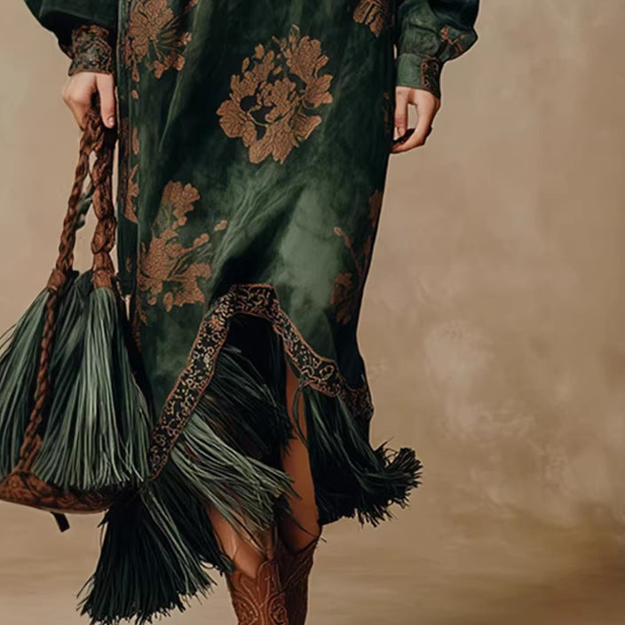 womens western festival dress with fringe and puff sleeve design