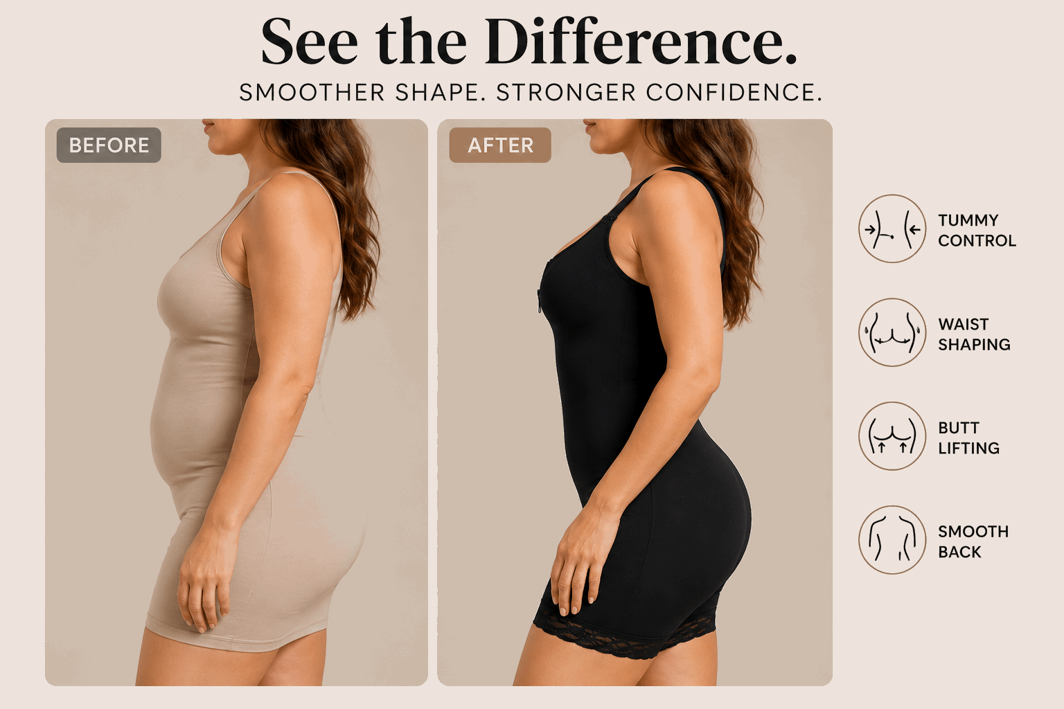 Before and after comparison of a woman wearing a shape wear garment with text highlighting features.