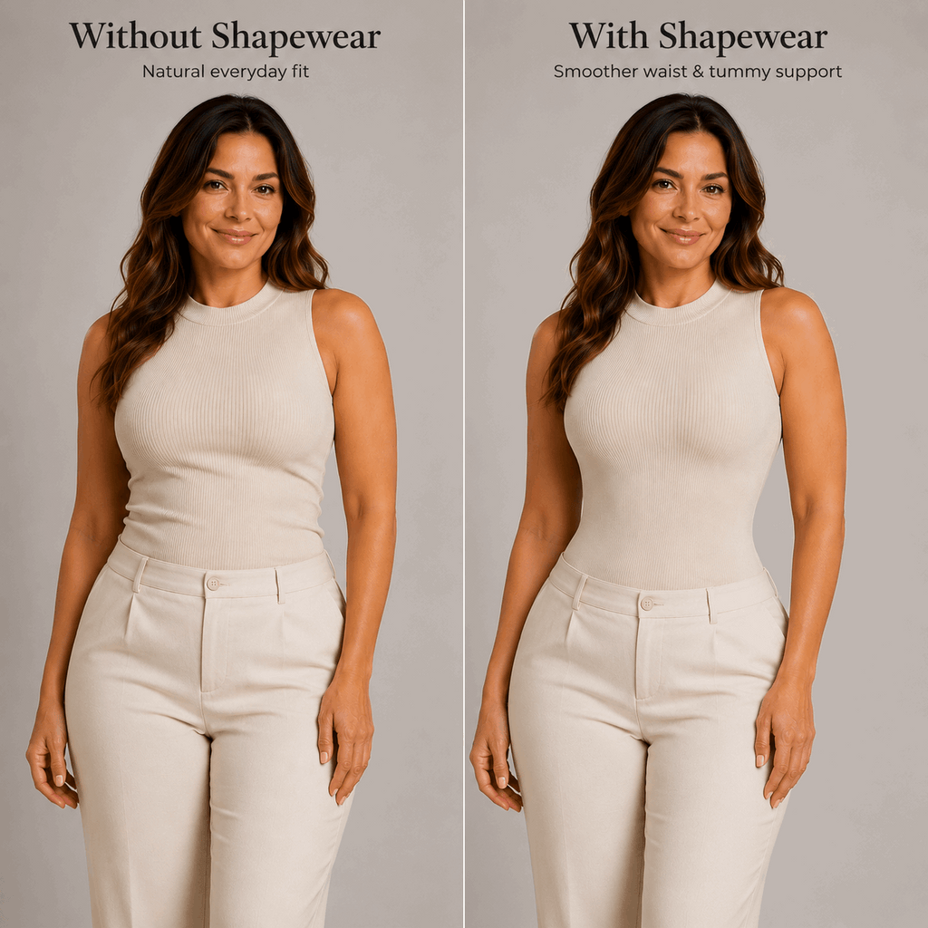 Comparison of a woman wearing a beige sleeveless top and pants without and with shapewear on a gray background.