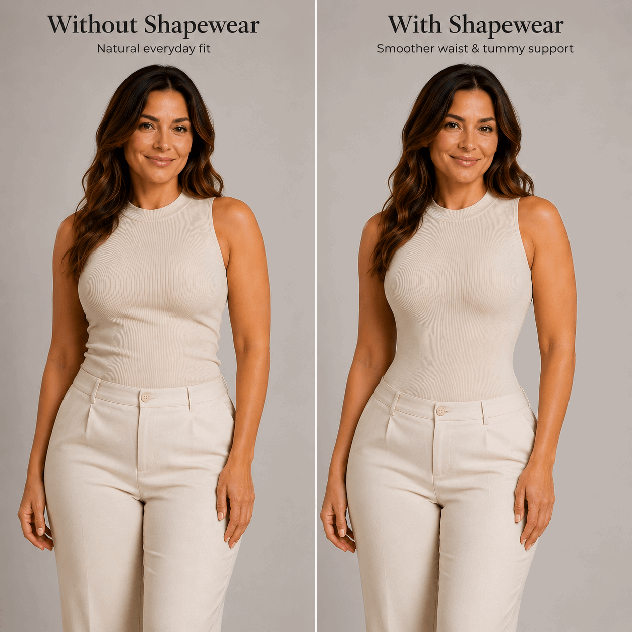 Comparison of a woman wearing a beige sleeveless top and pants without and with shapewear on a gray background.